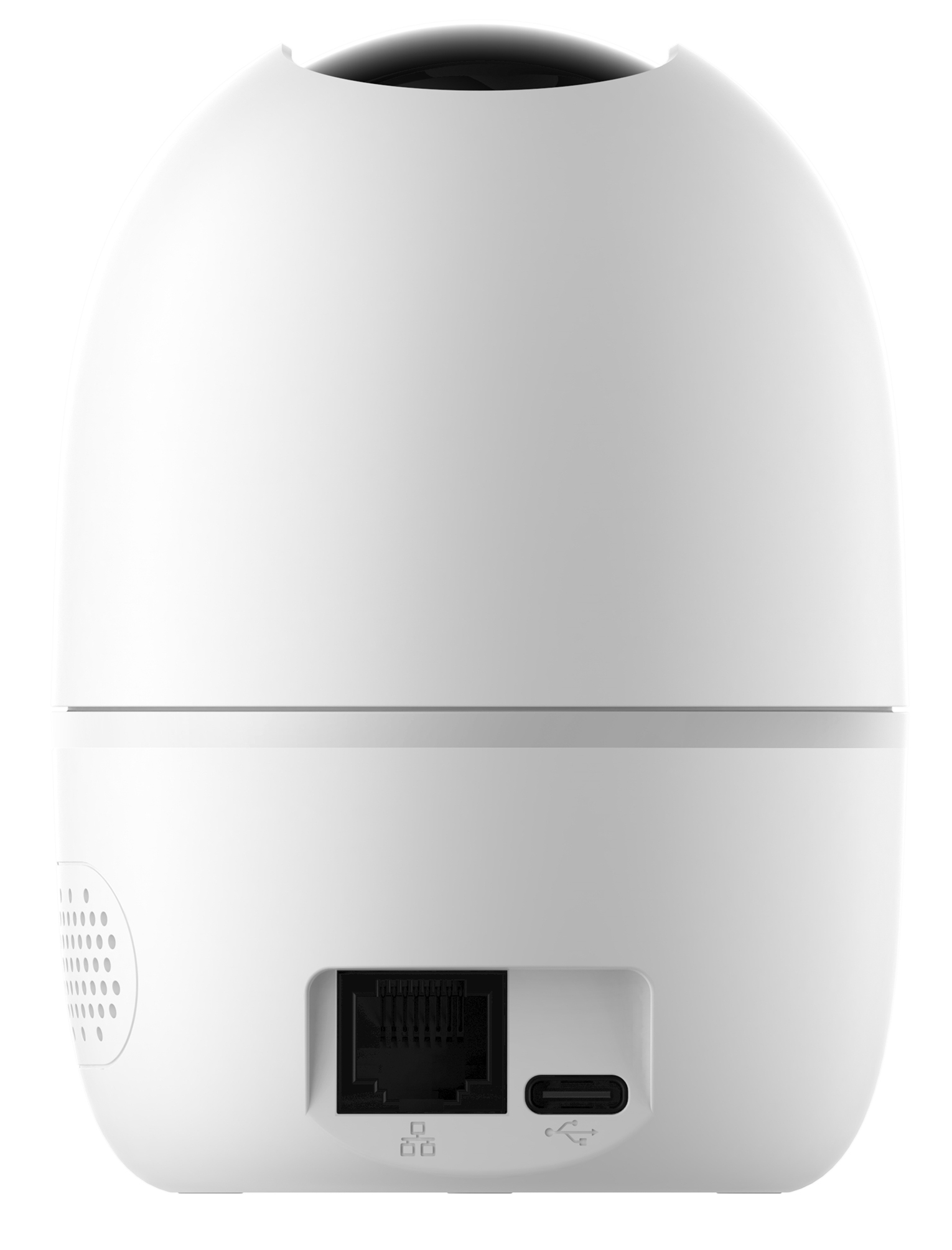 Cámara de seguridad blanca con parte superior negra. Puertos: Ethernet, tarjeta SD, USB-C.