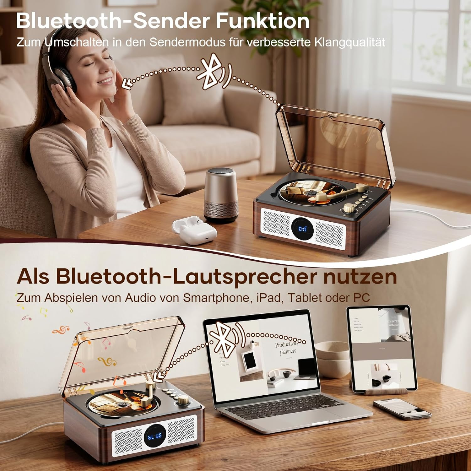 Frau mit Kopfhörern genießt Musik, daneben ein Plattenspieler und Bluetooth-Geräte.