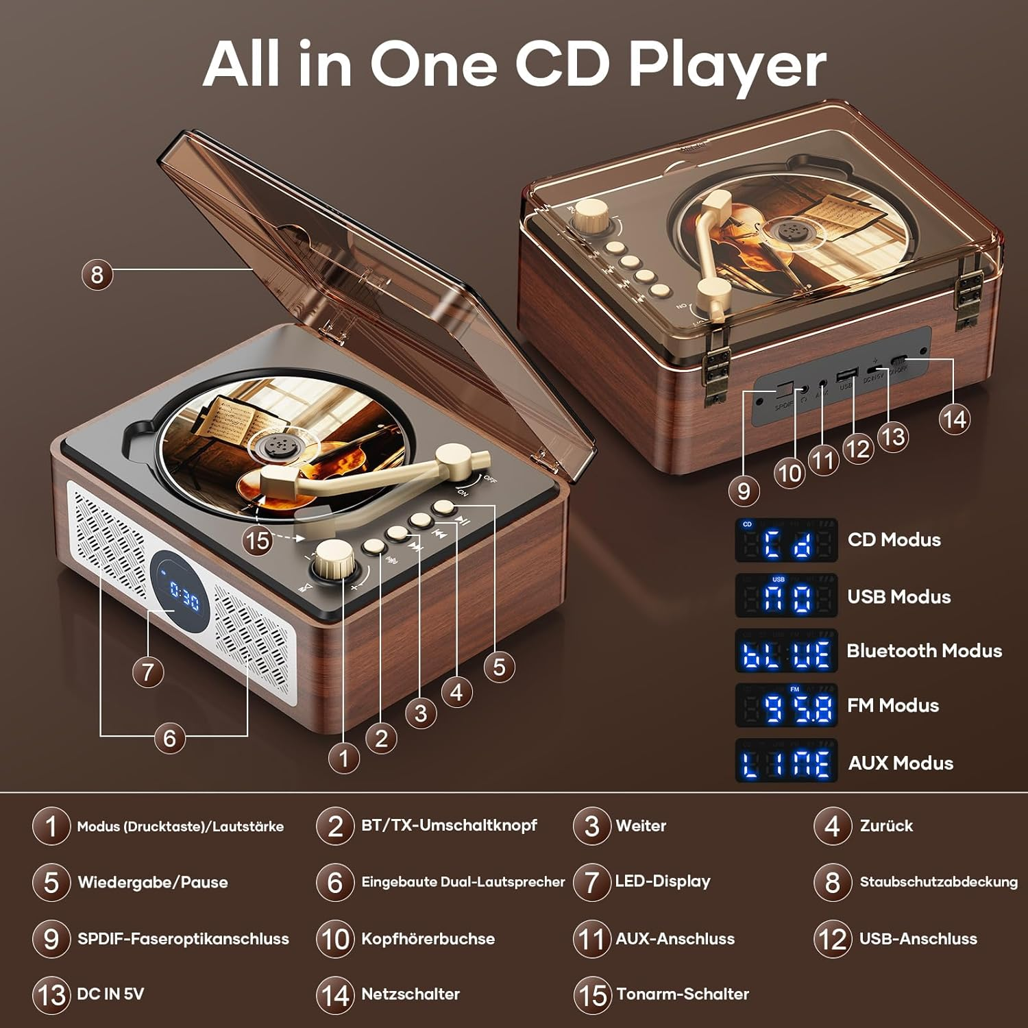 Ein Holz-CD-Player mit Plattenspieler, offenen Deckel und beschrifteten Bedienelementen.