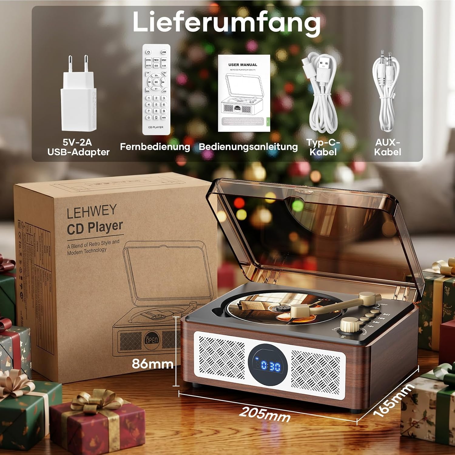 Lieferumfang: CD-Player, Netzteil, Fernbedienung, Kabel und Anleitung.