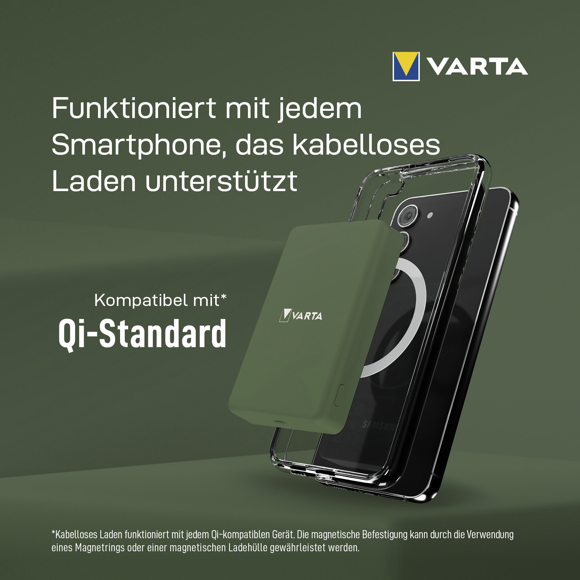 Varta Logo, ein grünes Qi-Ladegerät auf einem schwarzen Smartphone.