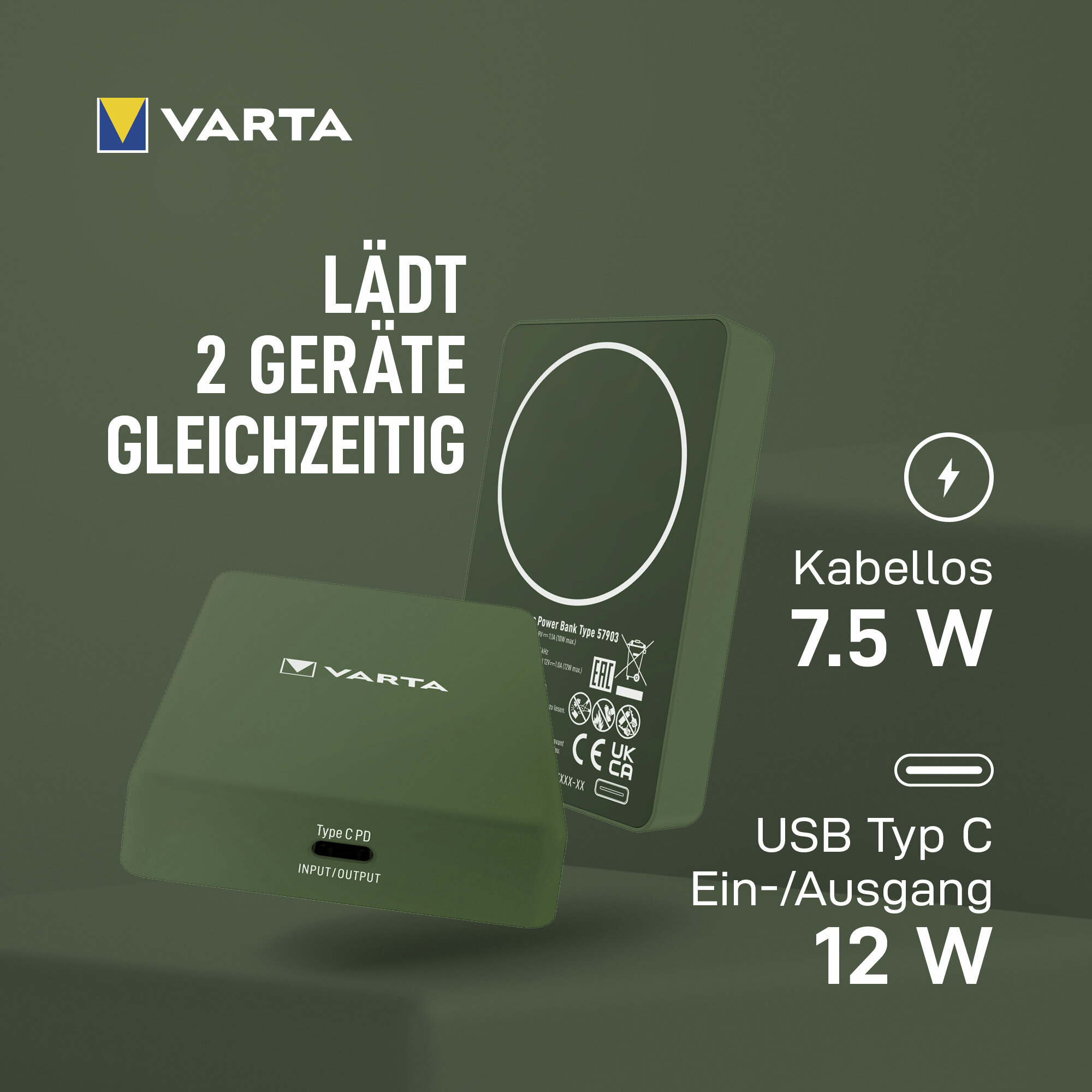 Varta Powerbank mit 7,5W kabelloser und 12W USB-C Ladung für 2 Geräte.
