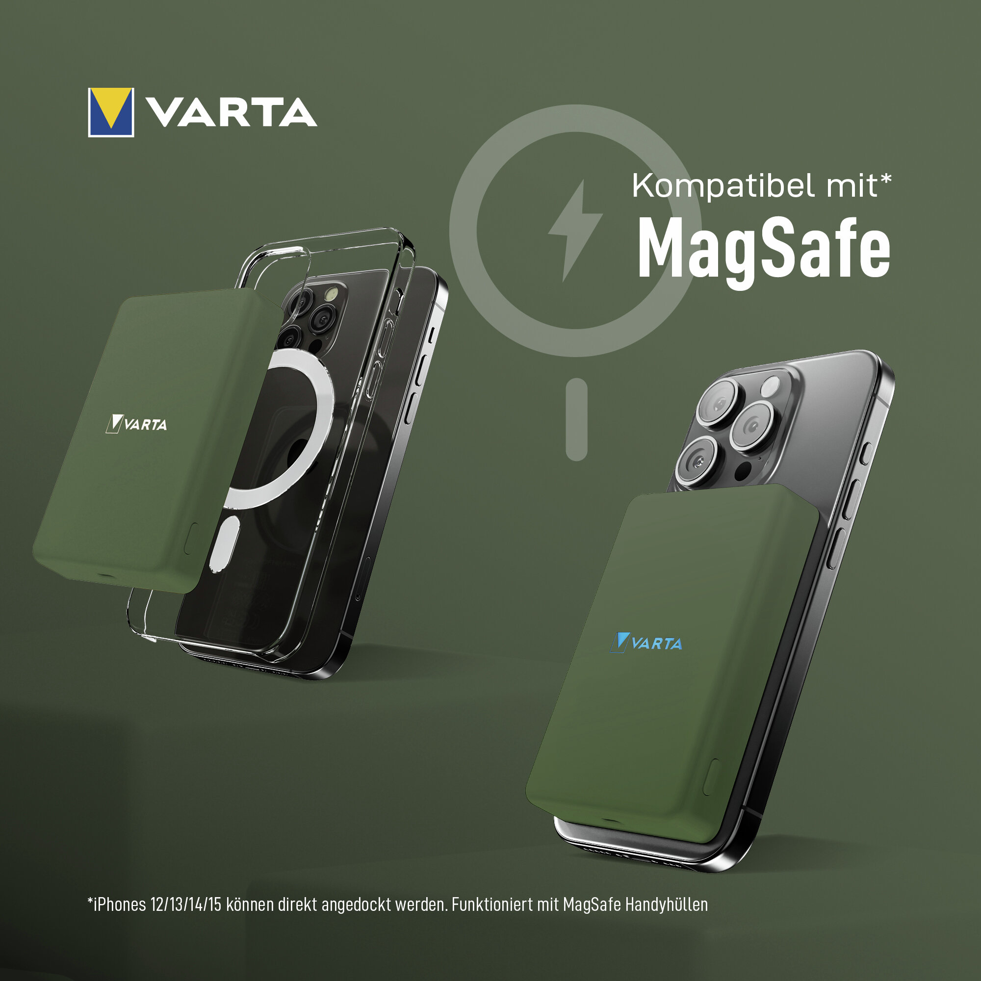 Varta MagSafe Powerbank auf dunklem Hintergrund, daneben ein iPhone.