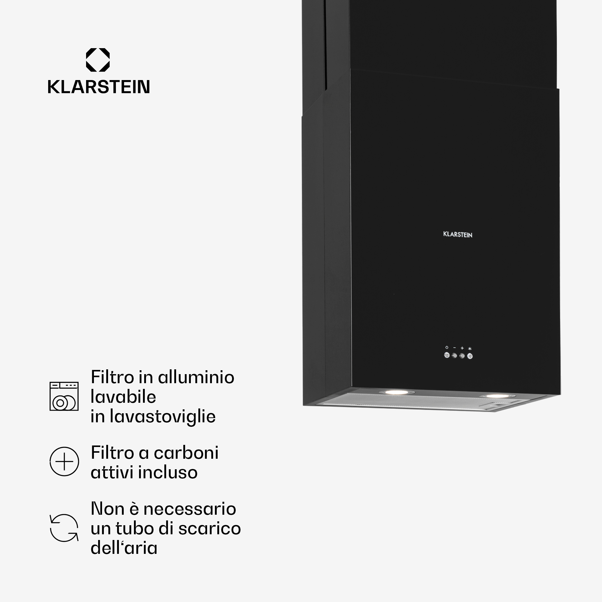 Cappa Klarstein nera con comandi e luci. Filtro in alluminio lavabile.