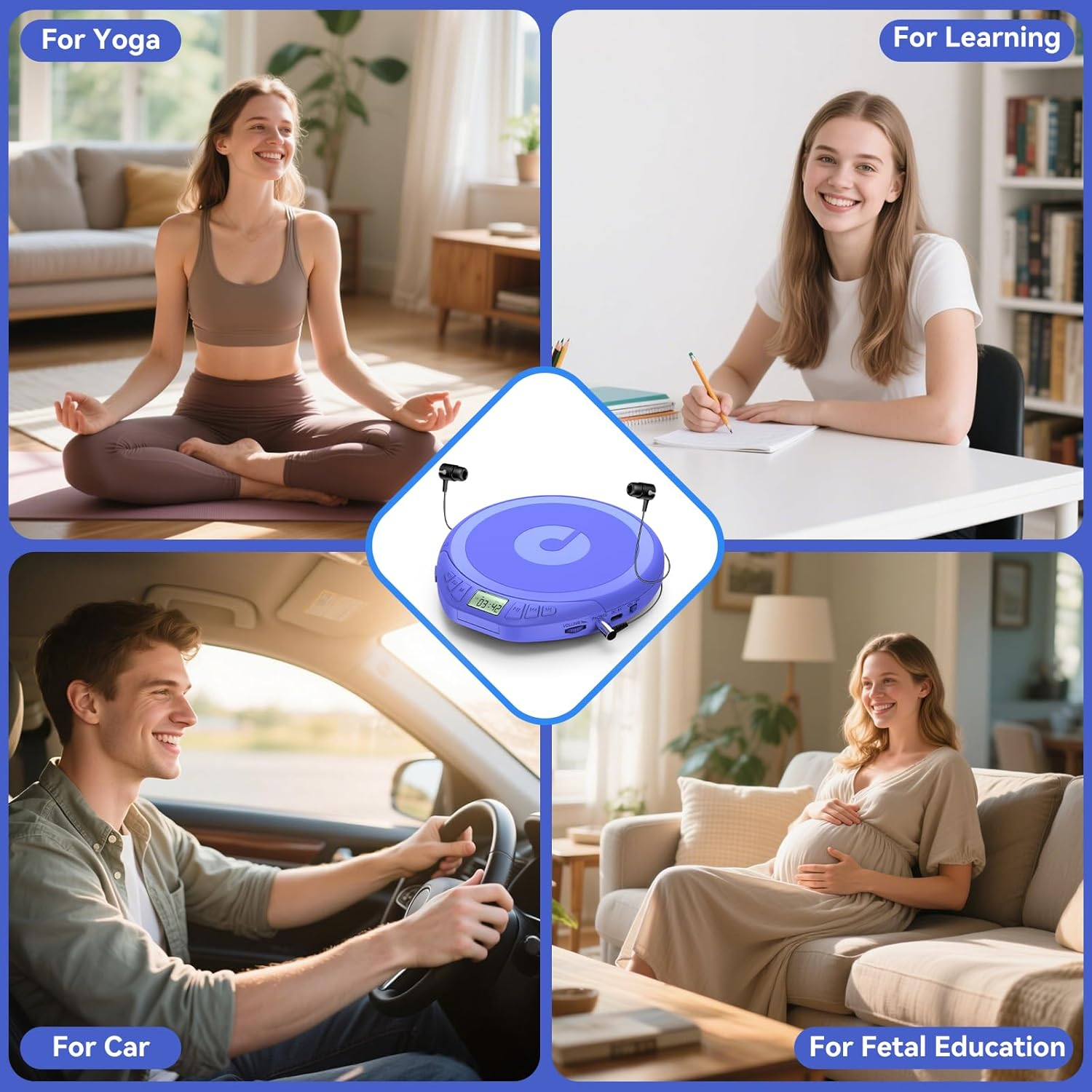 Eine Frau in Yoga-Pose, eine Lernende, ein Mann fährt Auto, eine schwangere Frau.