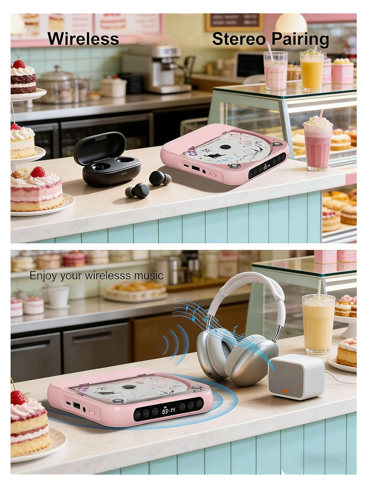 SOJUPCAL Bluetooth 5.3 Stereo LCD USB AUX Tragbarer CD-Player Multicolor