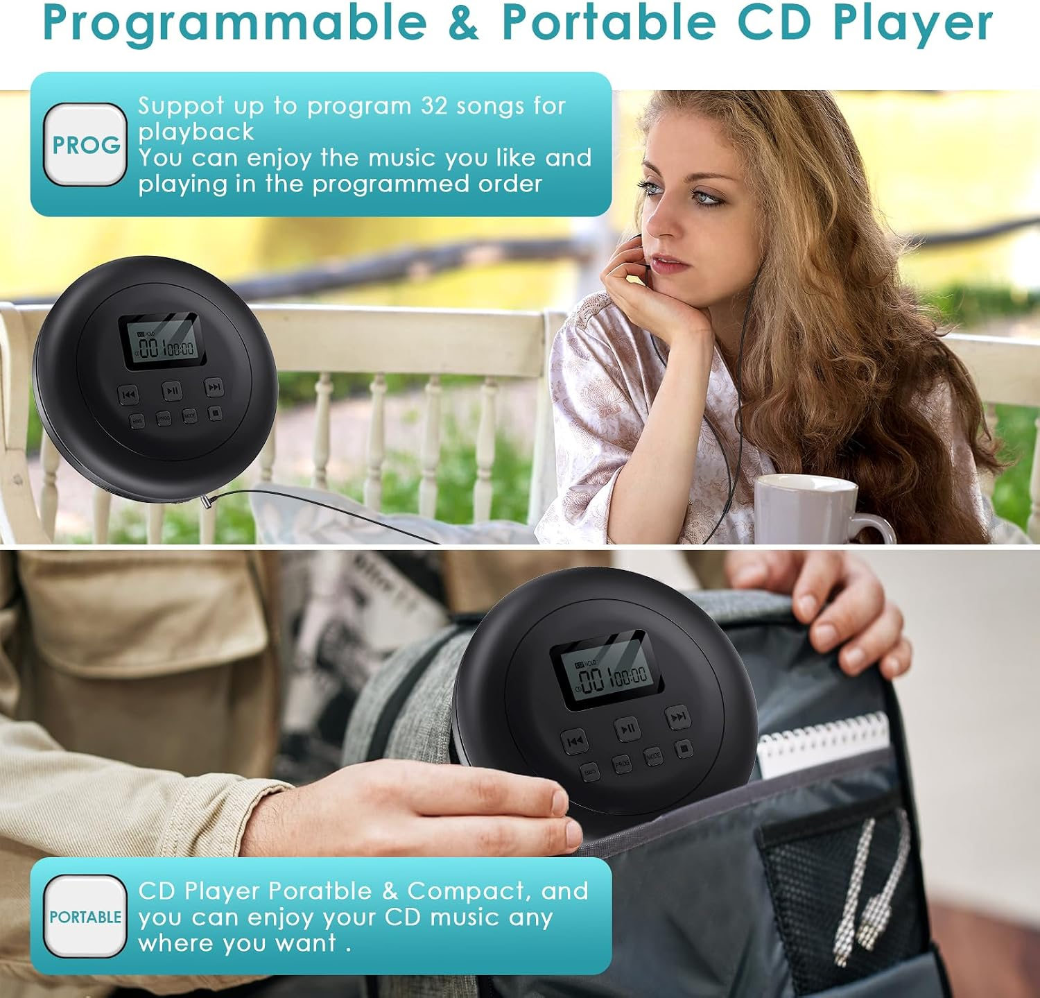 Schwarzer, tragbarer CD-Player mit Display und Tasten, in einer Tasche.
