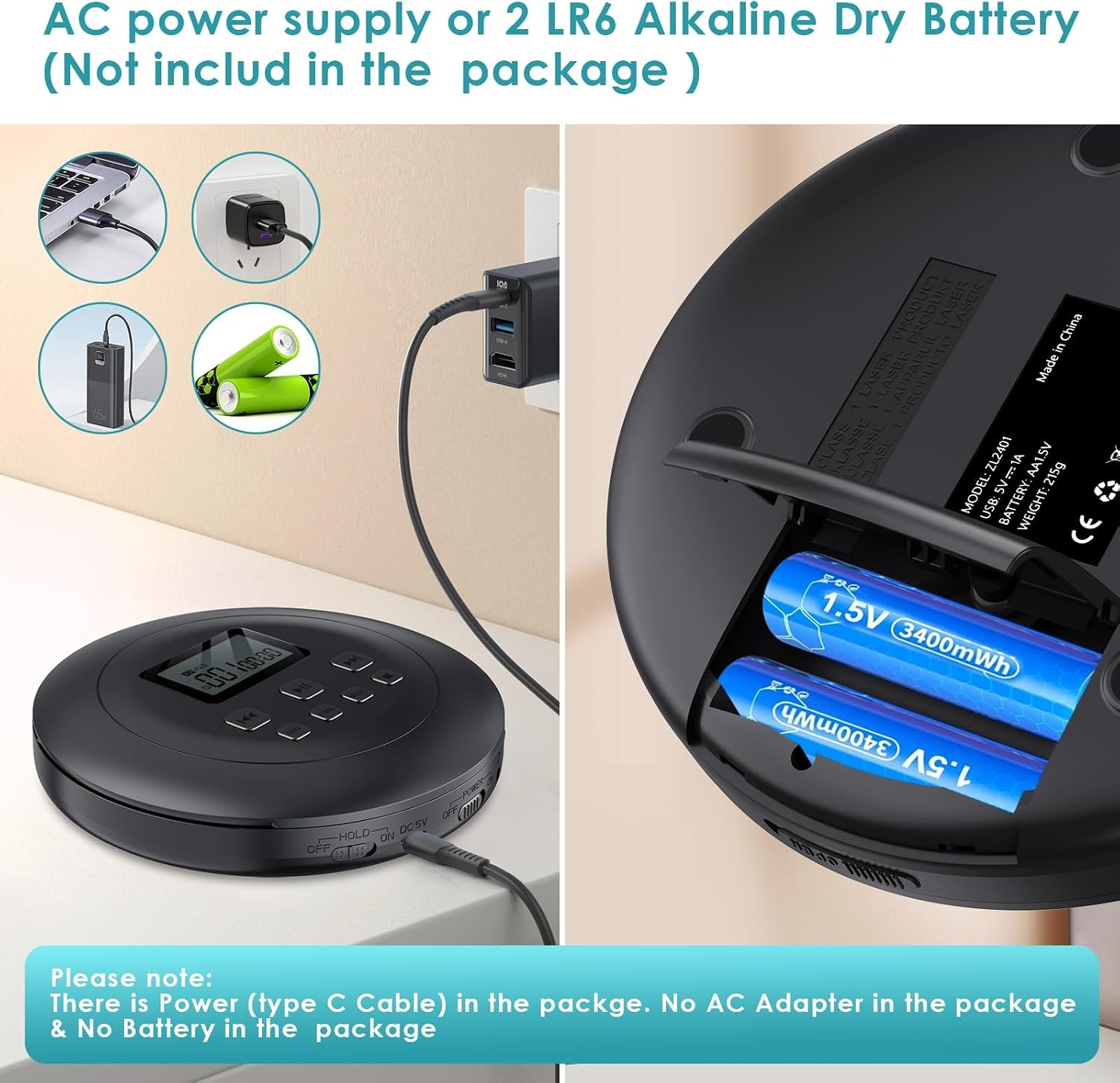 Schwarzer CD-Player mit zwei AA-Batterien, USB-Anschluss und Netzteil-Symbolen.