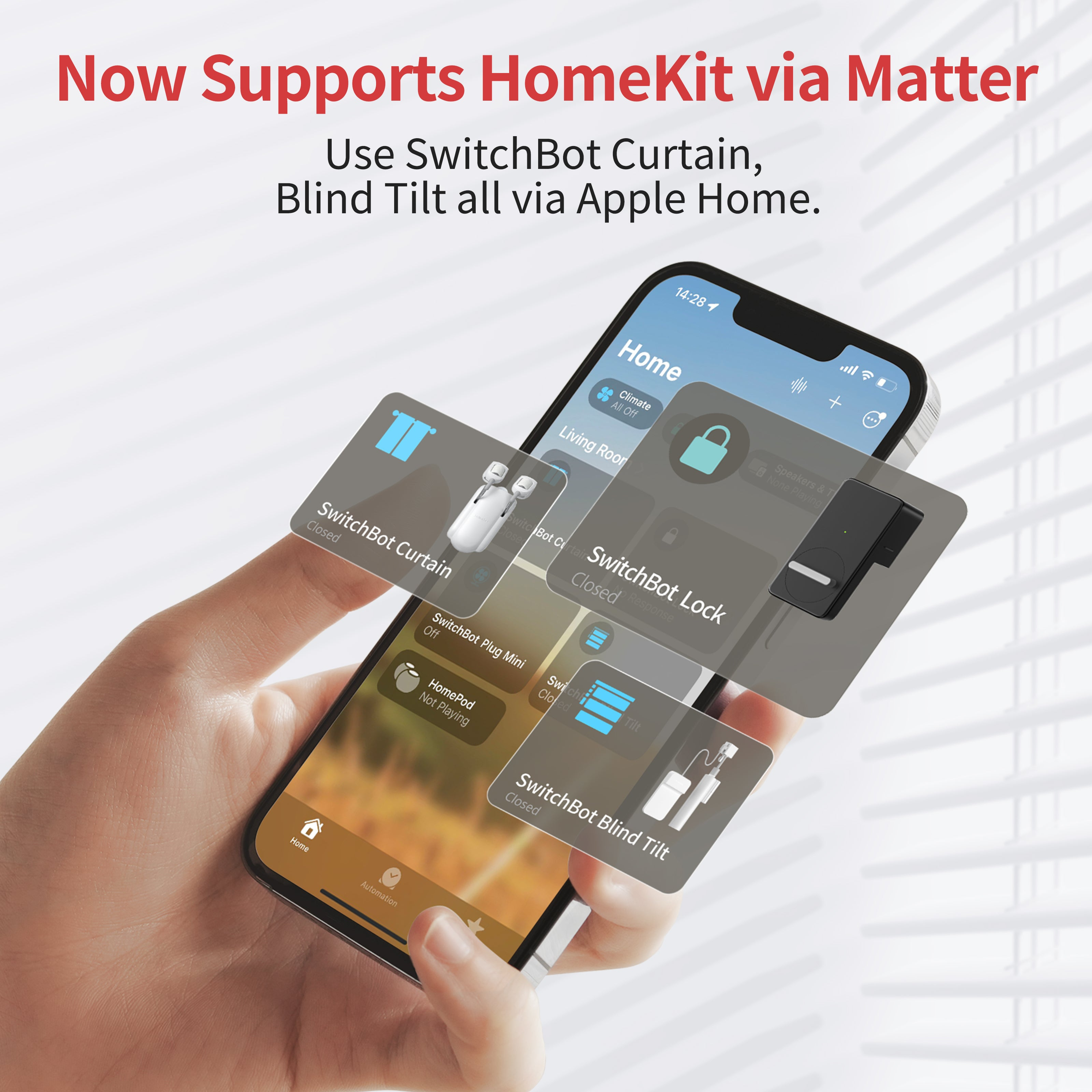 Un iPhone mostra l'app HomeKit con dispositivi SwitchBot come tenda e serratura.