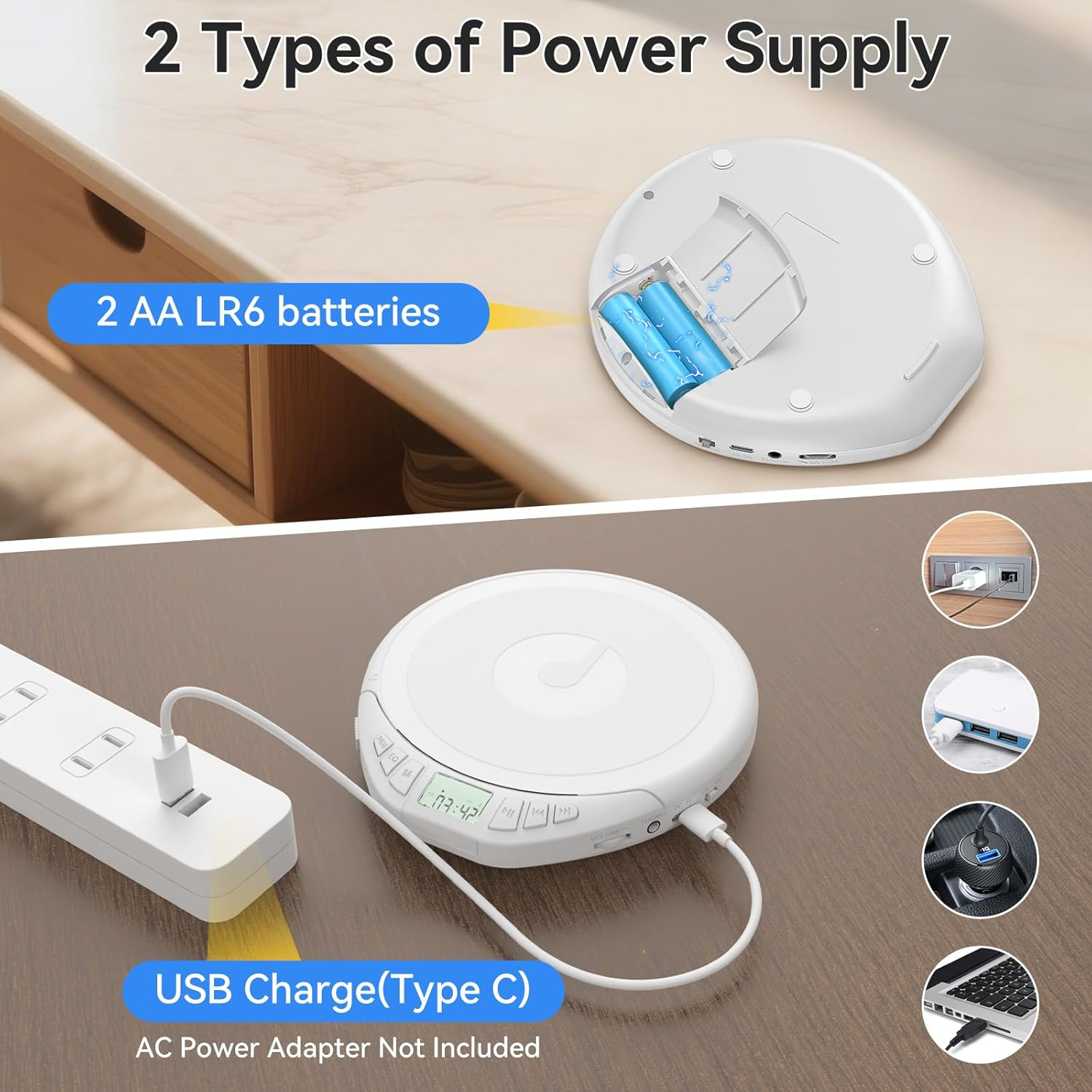 Weißes Gerät mit AA-Batterien oder USB-C betrieben. Zeigt Stromversorgungsoptionen.
