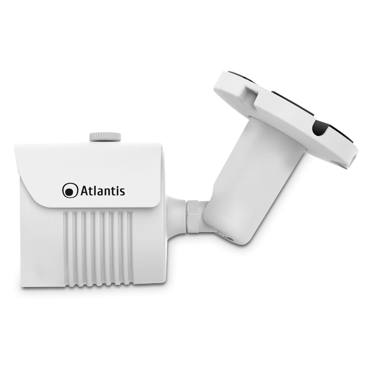 Weiße Überwachungskamera mit Atlantis-Logo und verstellbarem Halter.