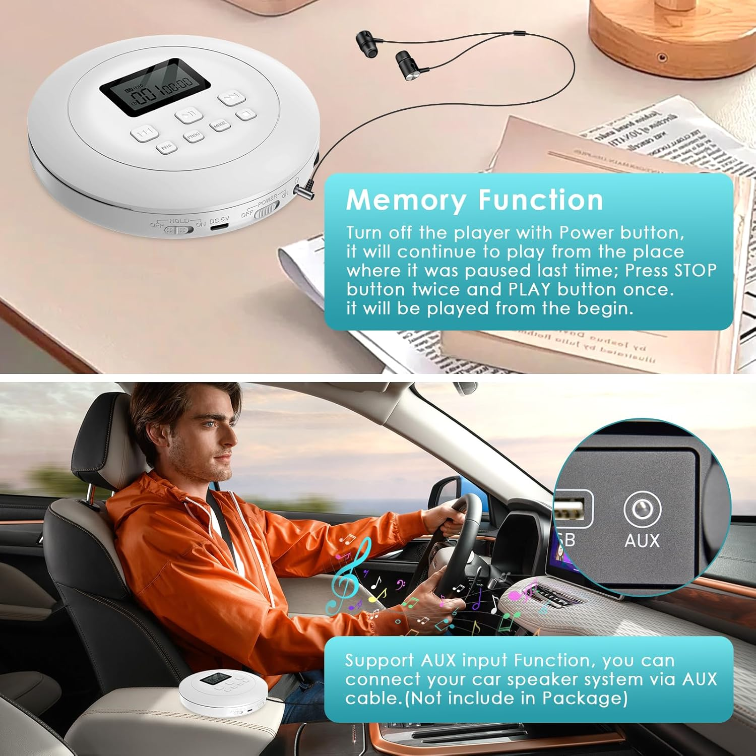 Tragbarer CD-Player mit Kopfhörern auf einem Schreibtisch und im Auto.