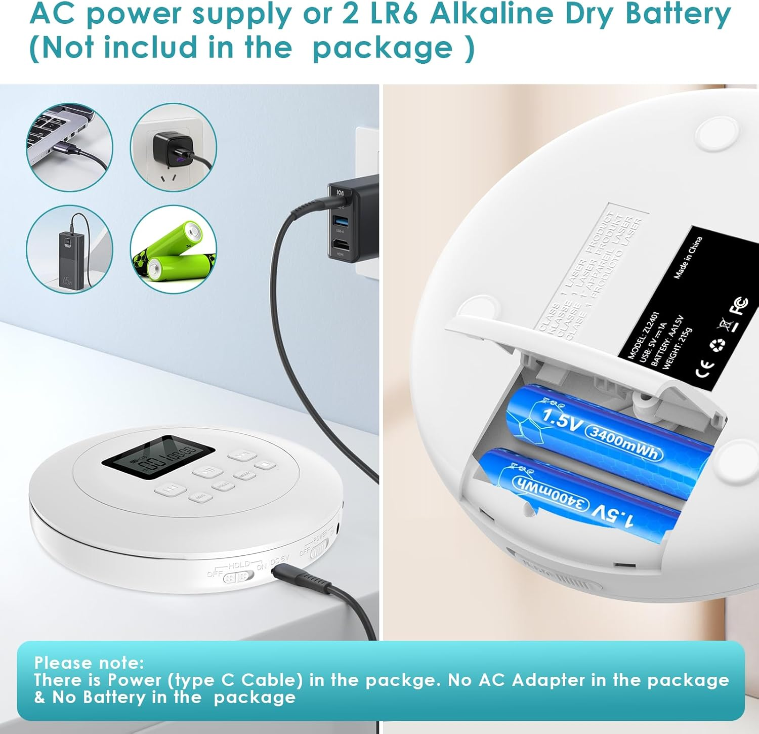Ein weißer tragbarer CD-Player mit Batteriefach und einem USB-C-Anschluss.