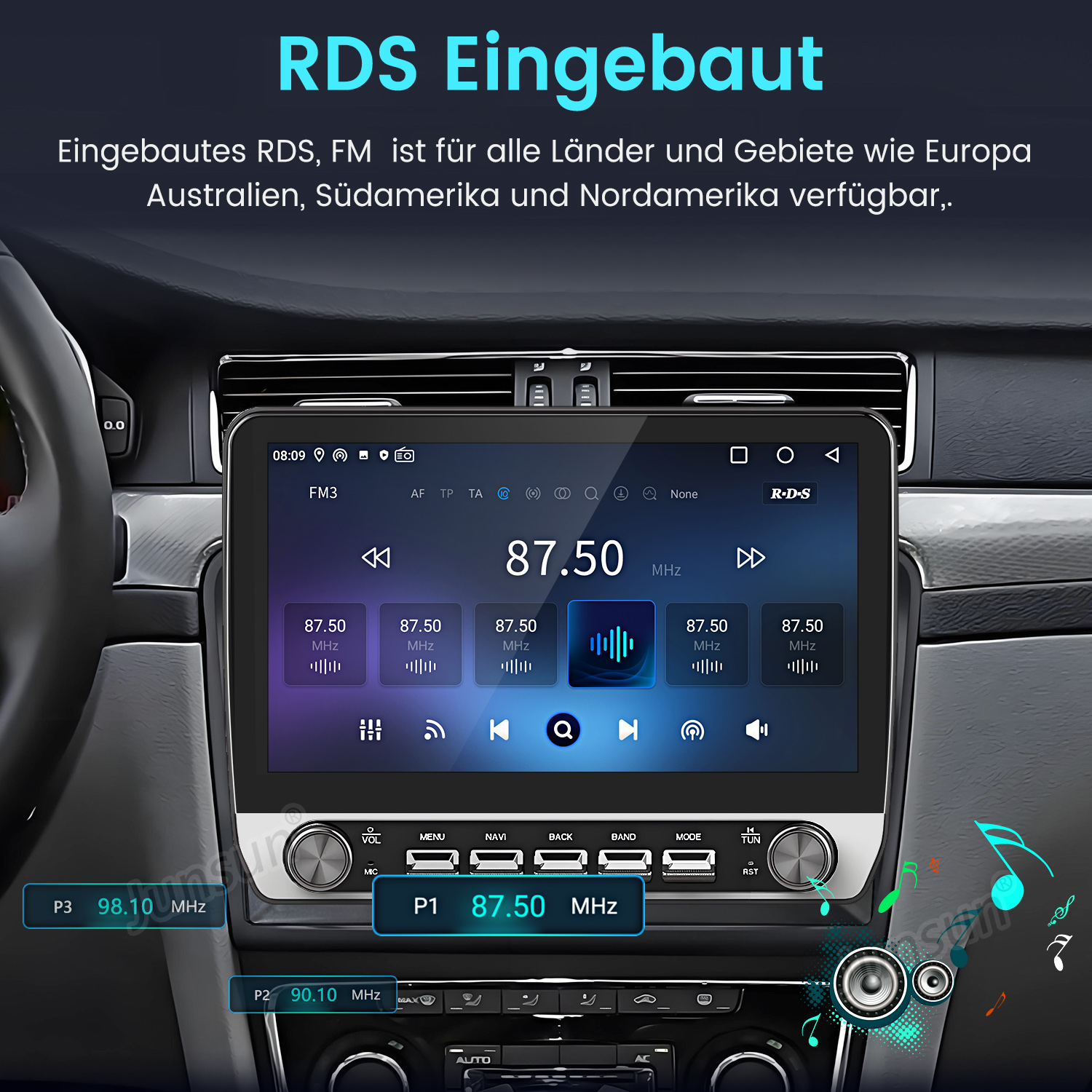 Ein Autoradio mit RDS-Anzeige zeigt 87.50 MHz und verschiedene Sender.