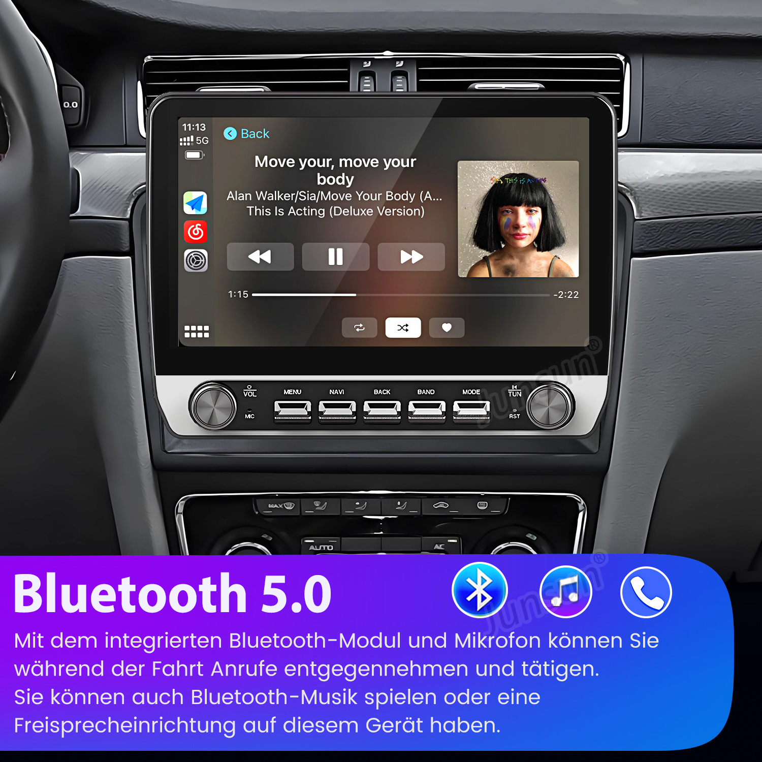 Auto-Infotainmentsystem zeigt Musikplayer mit Songtitel und Interpret. Unten Bluetooth 5.0.