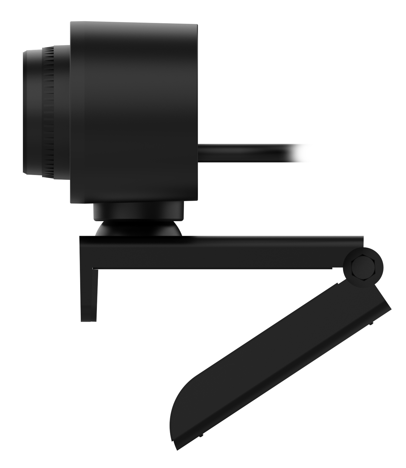 Webcam nera con supporto flessibile e cavo, vista laterale.