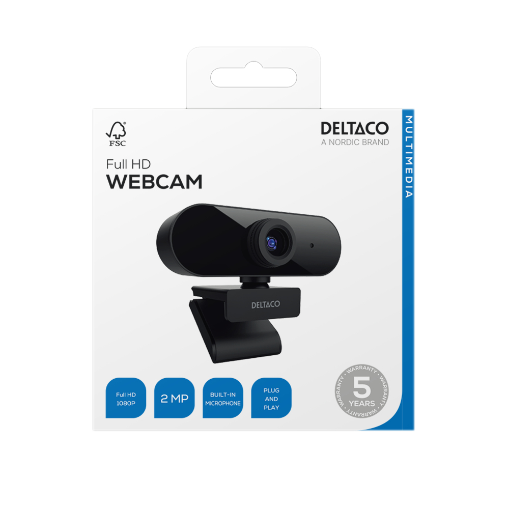 Confezione di una webcam Full HD nera da 2 MP con microfono e plug-and-play.