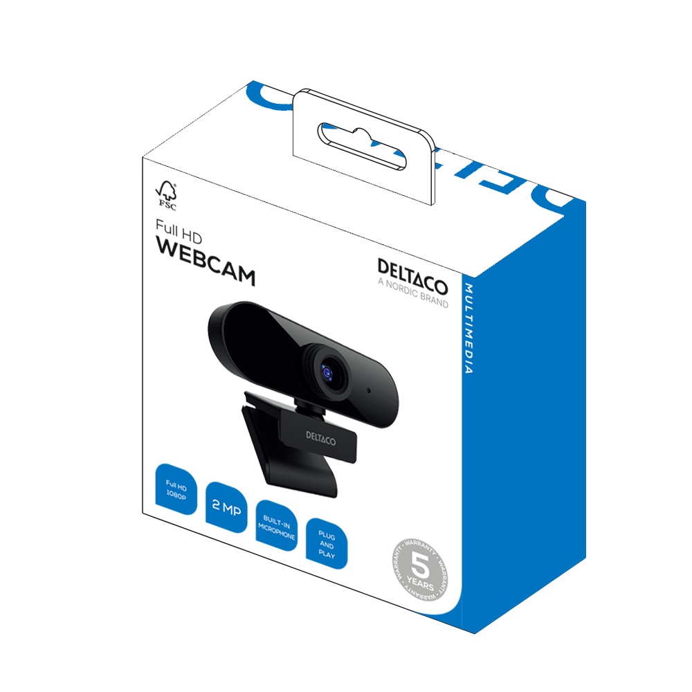 Scatola di una webcam Deltaco Full HD, 2 MP, con microfono integrato.