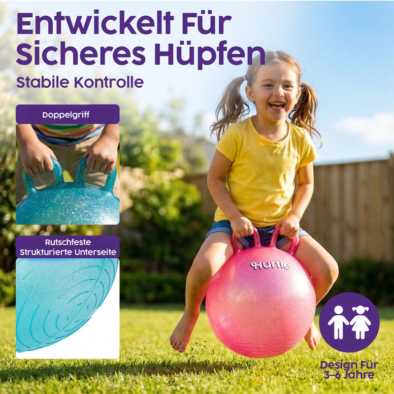 Ein Mädchen hüpft auf einem pinken Ball im Garten. Nahaufnahmen zeigen blaue Griffe und Unterseite.