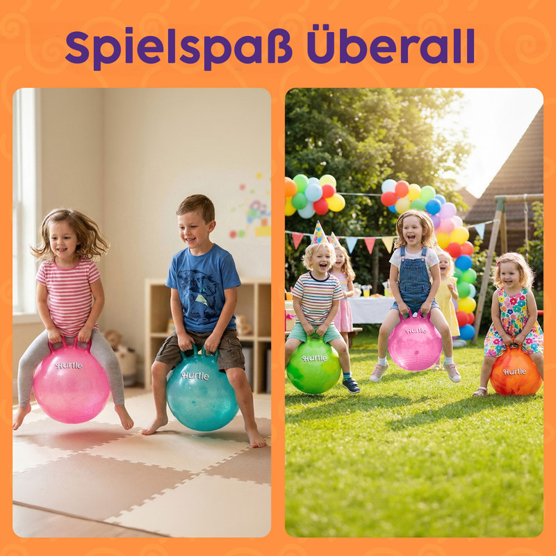 Kinder hüpfen auf bunten Bällen in einem Haus und im Garten.