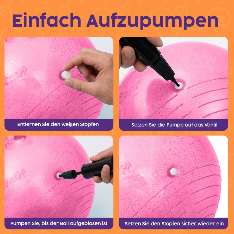Anleitung zum Aufpumpen eines pinken Gymnastikballs in vier Schritten.
