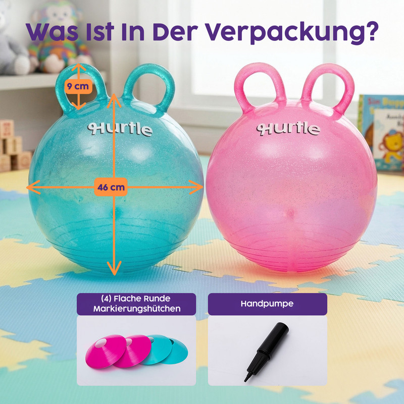 Zwei Hüpfbälle, blau und pink, mit Markierungshütchen und Handpumpe.