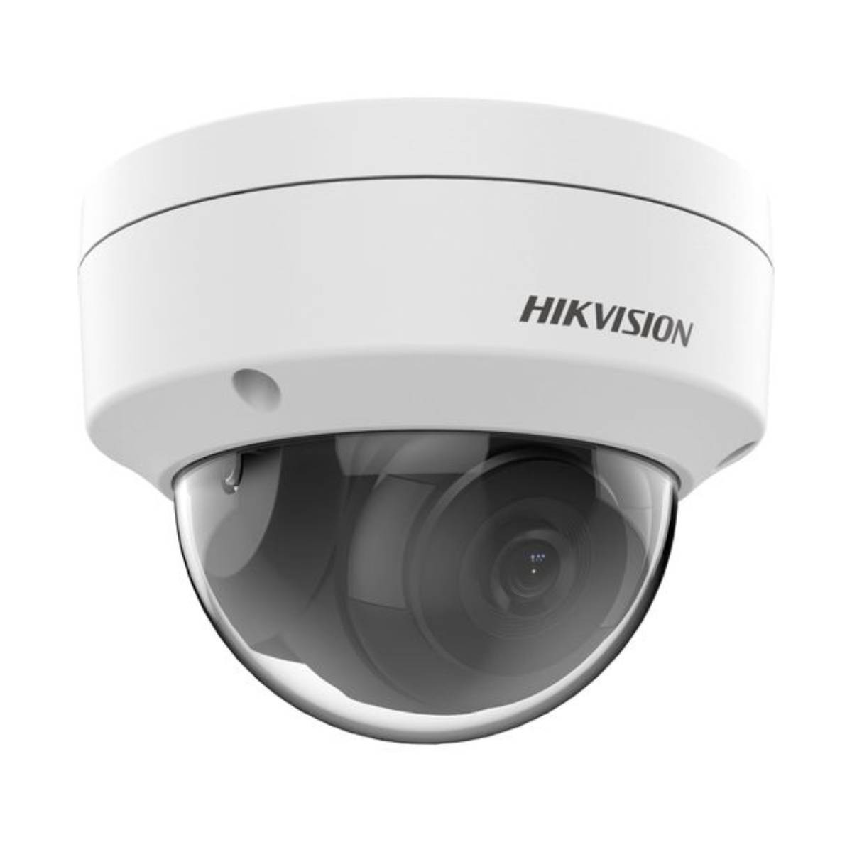 Una telecamera dome Hikvision bianca con alloggiamento in vetro trasparente.