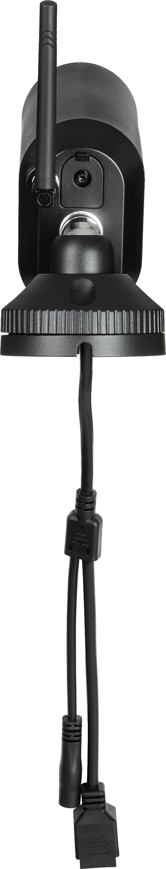 Nahaufnahme einer schwarzen Überwachungskamera mit Antenne und Kabel.