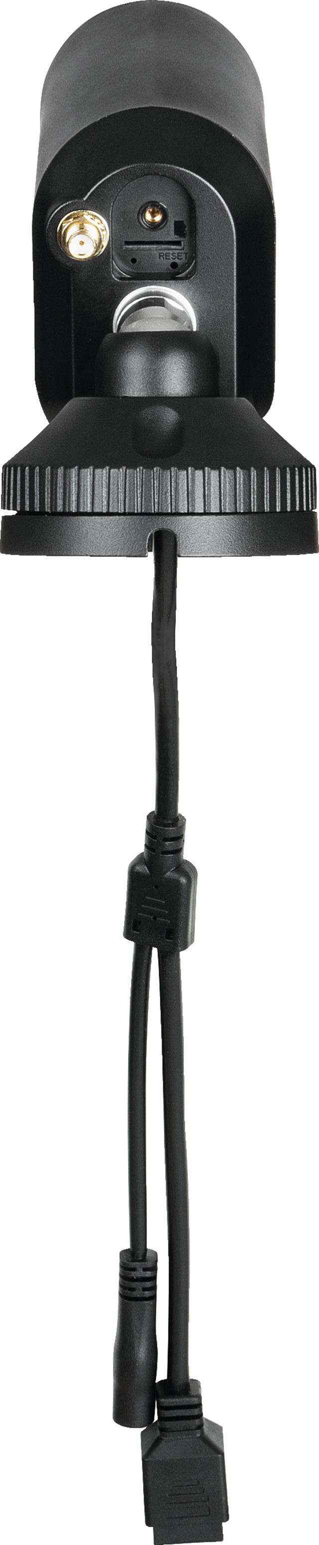 Schwarzer Kamerasockel mit Kabeln und Anschlüssen, SMA-Anschluss oben.