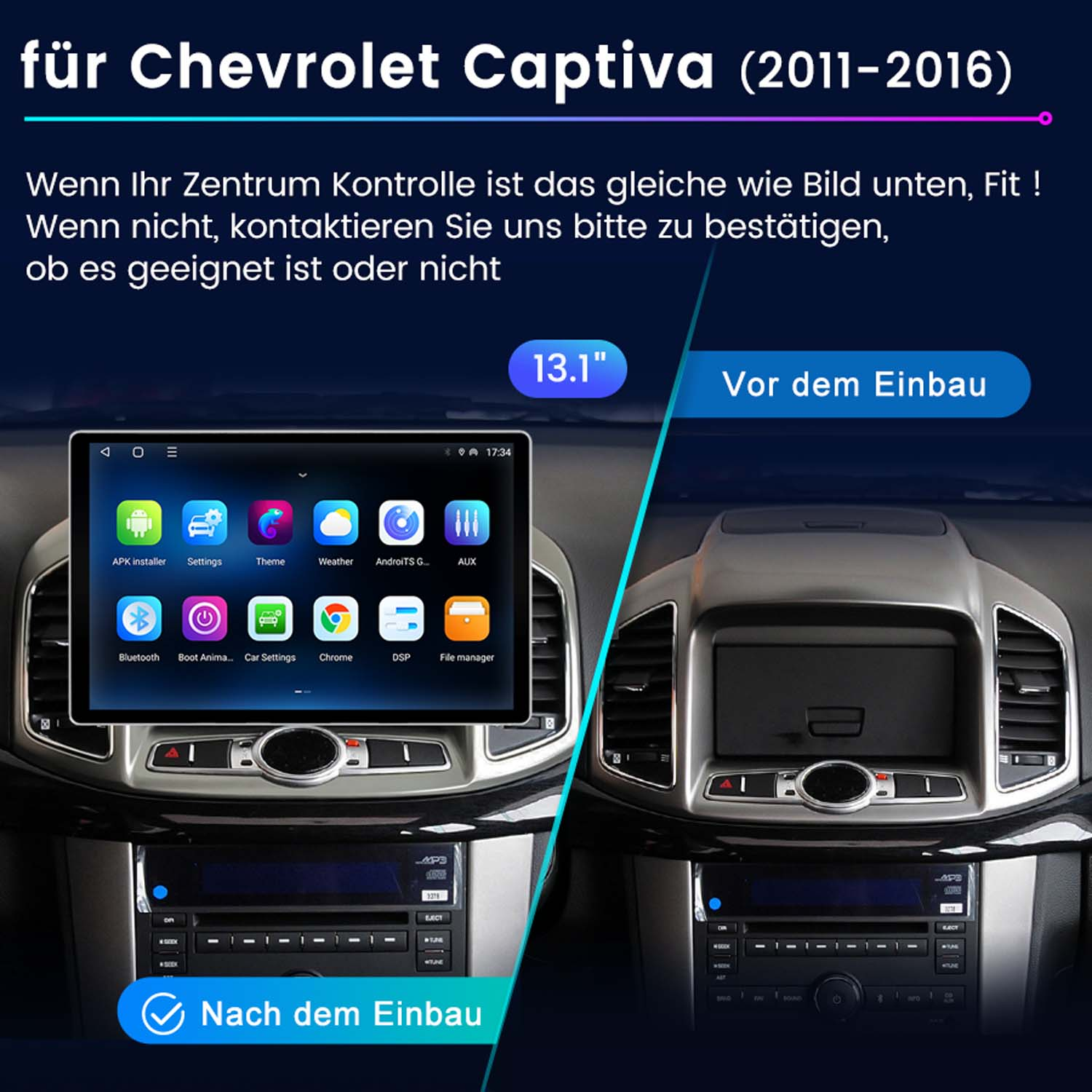 Vergleich einer Autoradio-Einheit vor und nach dem Einbau in einem Chevrolet Captiva.