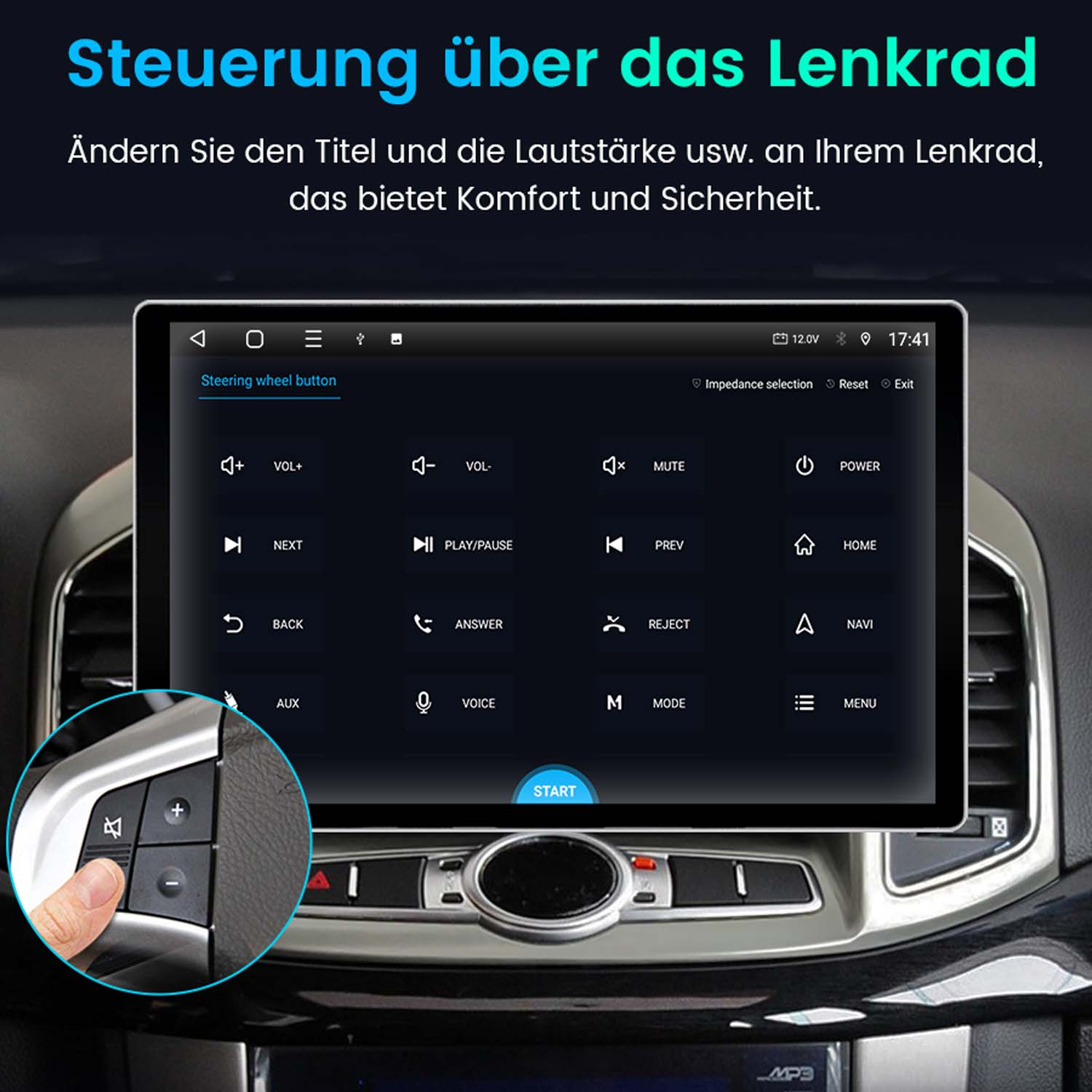 Ein Finger drückt auf eine Taste am Lenkrad, das Infotainment-Display zeigt Optionen an.