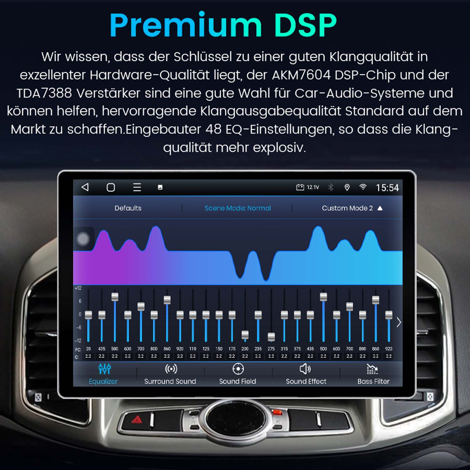 Ein Autoradio-Bildschirm mit Equalizer-Einstellungen, Frequenzbändern und Wellenformen.
