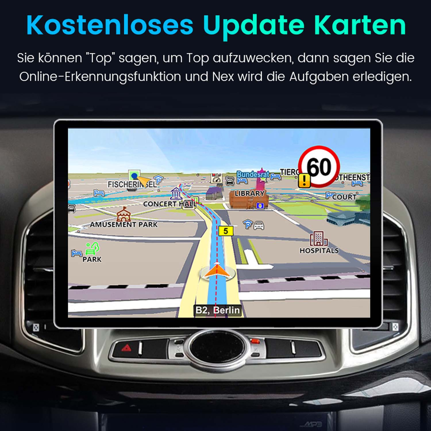 Navigationsbildschirm zeigt eine Karte mit Straßensymbolen, Tempo 60 und Berlin.