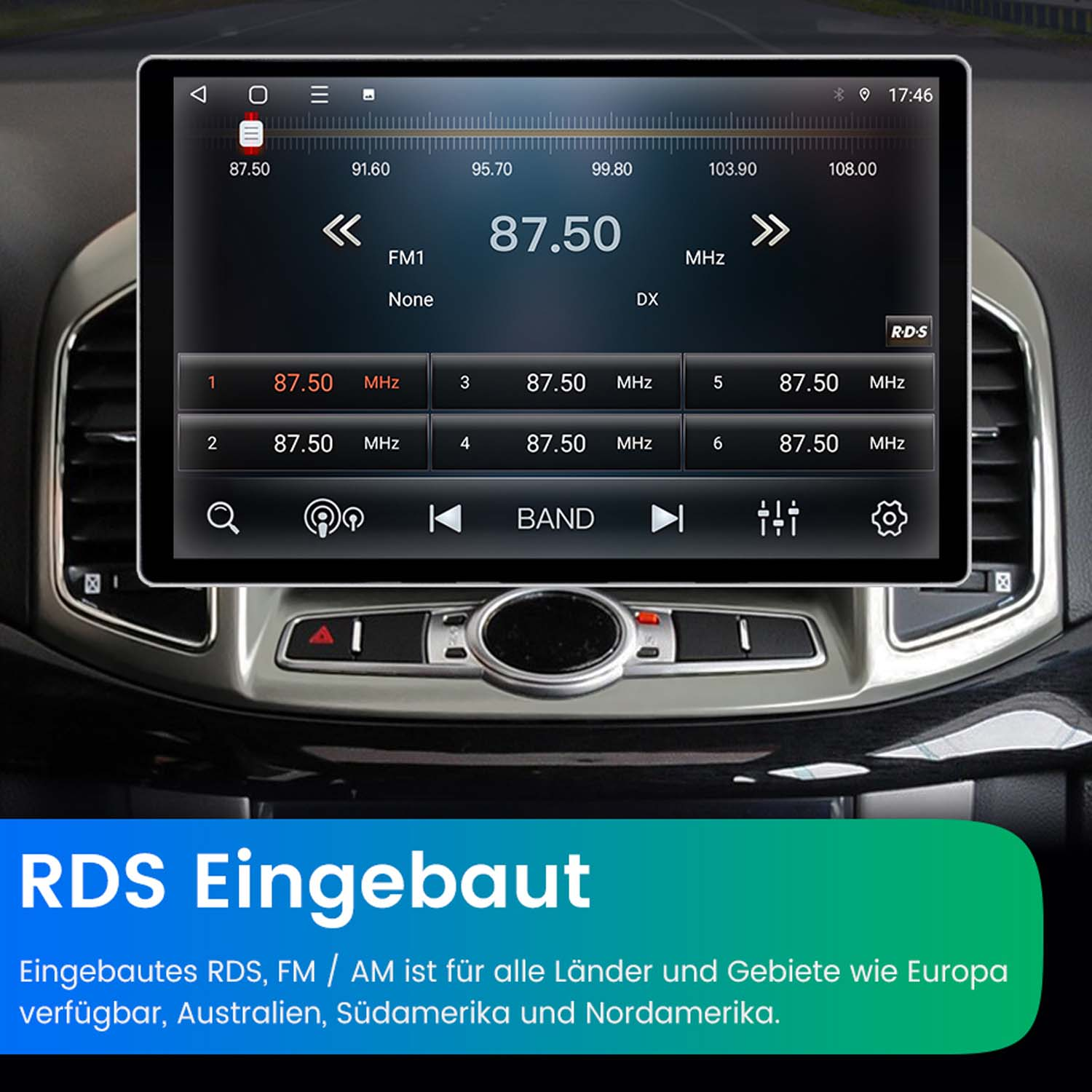 Ein Autoradio-Bildschirm zeigt FM1 mit 87.50 MHz an. RDS ist eingebaut.