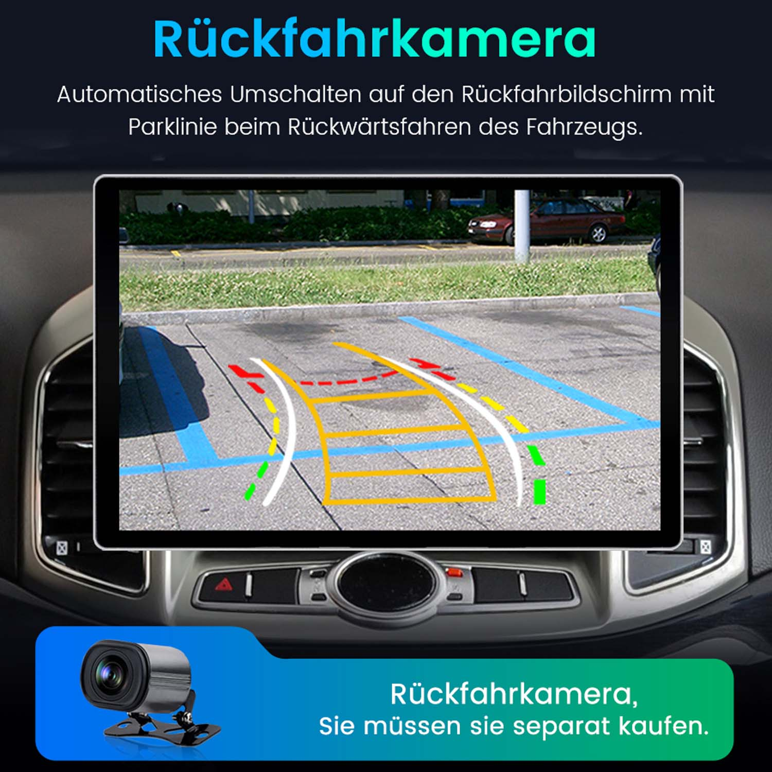 Rückfahrkamera-Anzeige mit Parklinien im Auto.