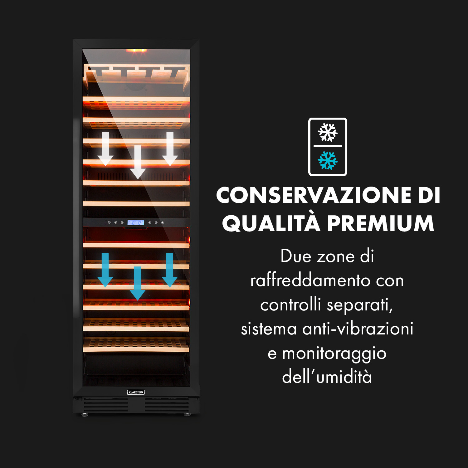 Una moderna cantinetta con ripiani in legno e frecce di raffreddamento.