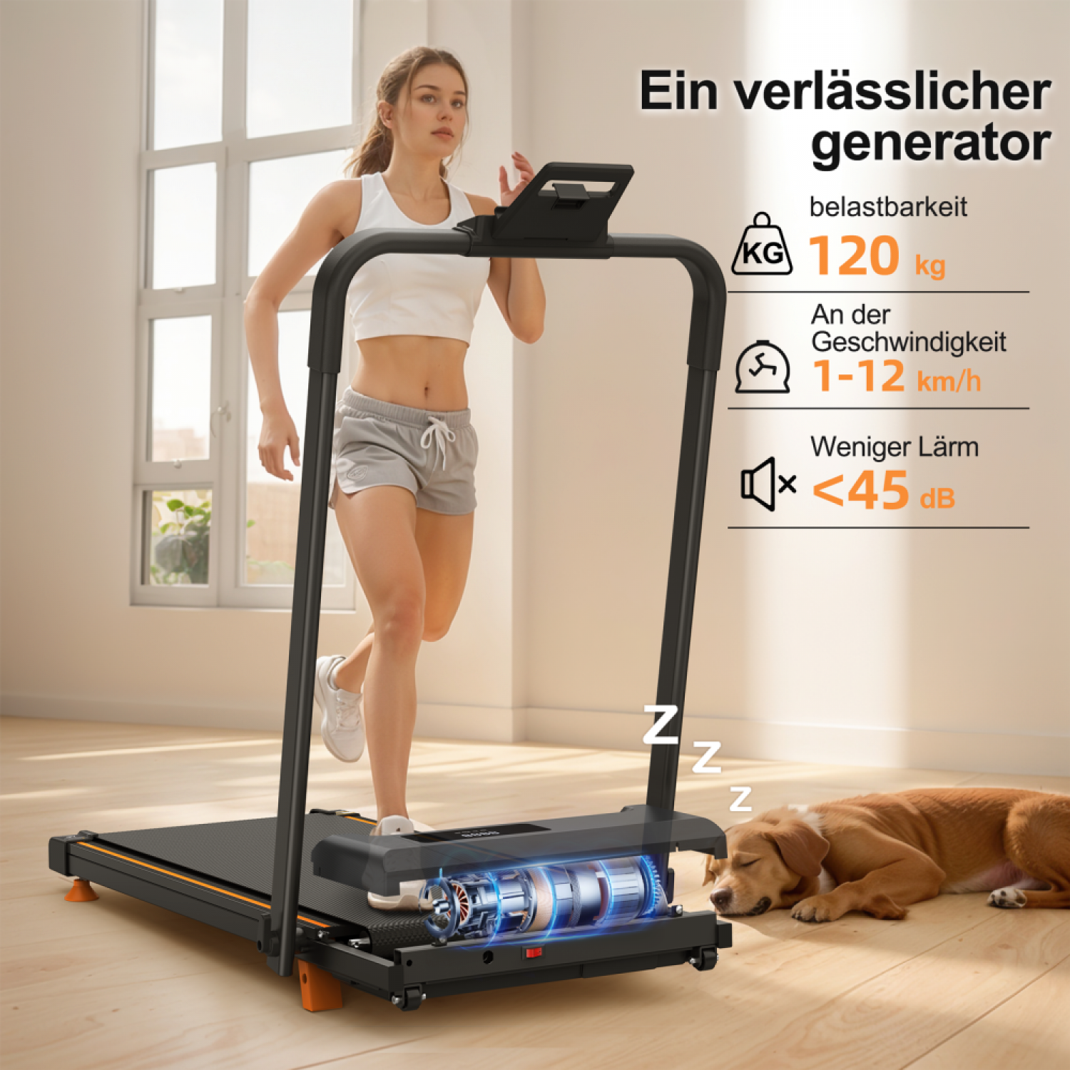 Eine Frau läuft auf einem Laufband, während ein Hund daneben schläft.