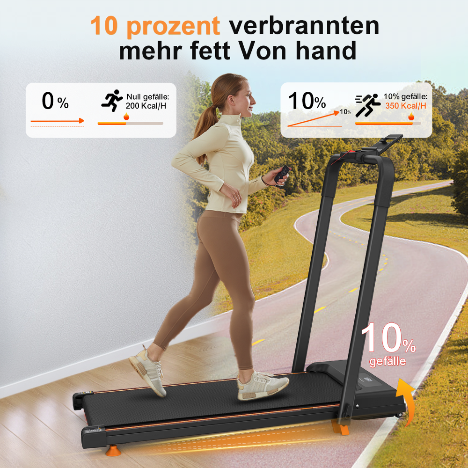 Frau auf Laufband mit Anzeige für Kalorienverbrauch bei 0% und 10% Steigung.