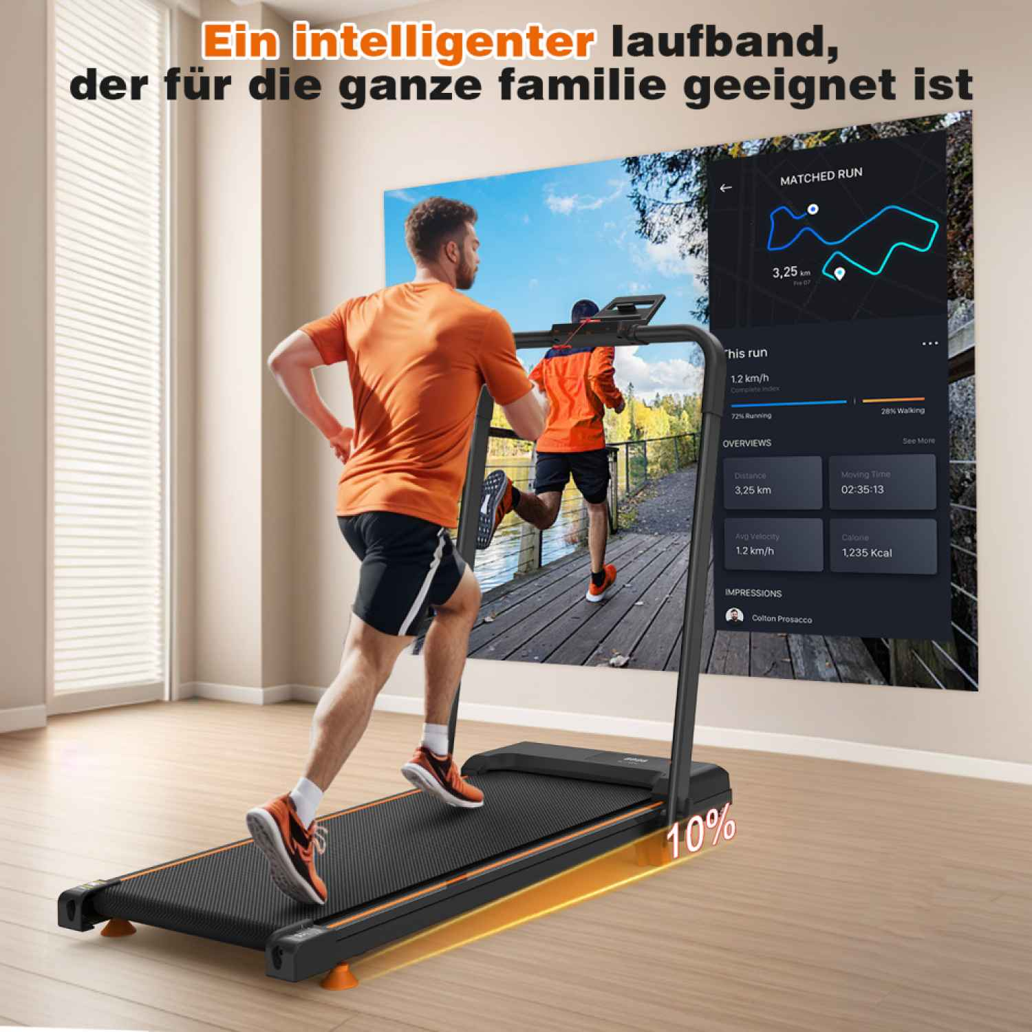 Ein Mann läuft auf einem Laufband vor einem Bildschirm, der seine Laufdaten anzeigt.