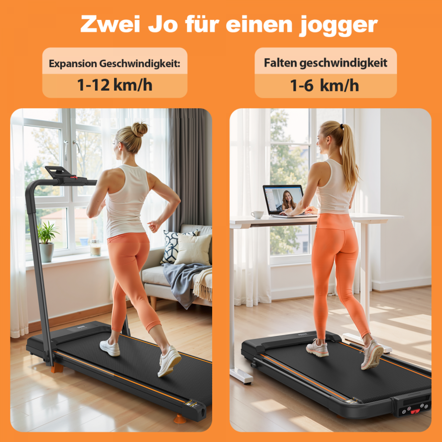 Frau auf Laufband in einem Haus, mit Geschwindigkeitsangaben.