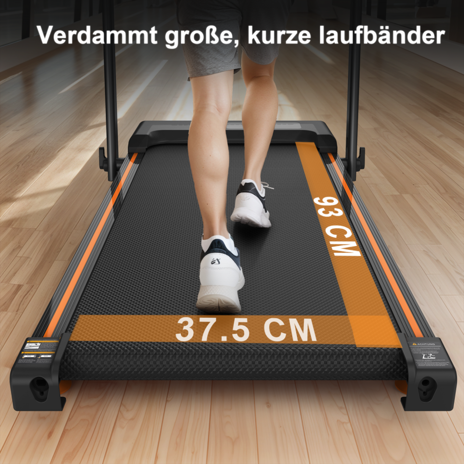 Person auf einem Laufband mit Markierungen für 37,5 cm und 93 cm.