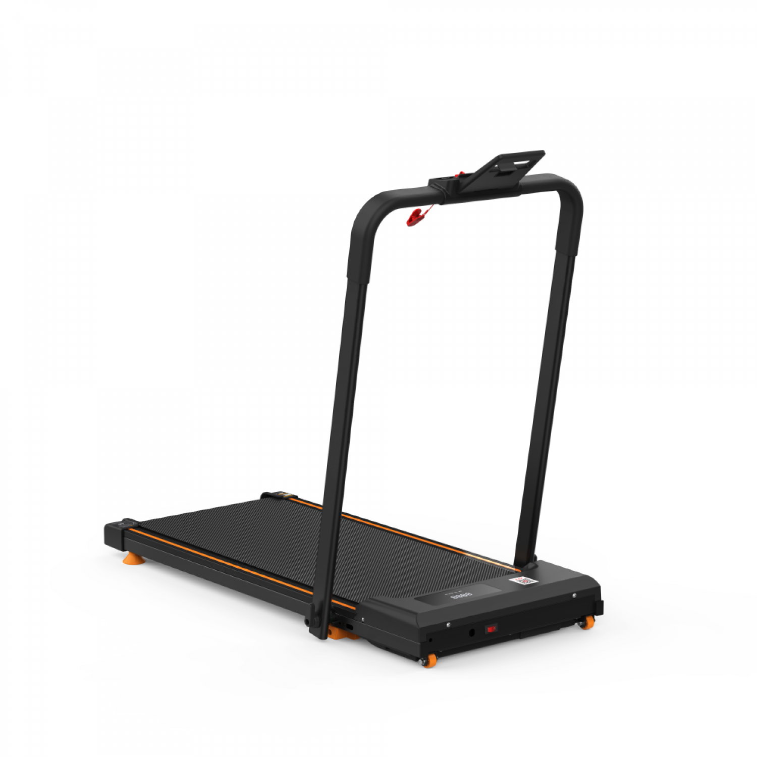 Ein schwarzes faltbares Laufband mit orangefarbenen Akzenten und Digitalanzeige auf weißem Grund.