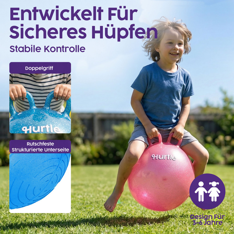 Ein Junge sitzt auf einem pinken Hüpfball im Garten. Nahaufnahmen zeigen Details des Balls.