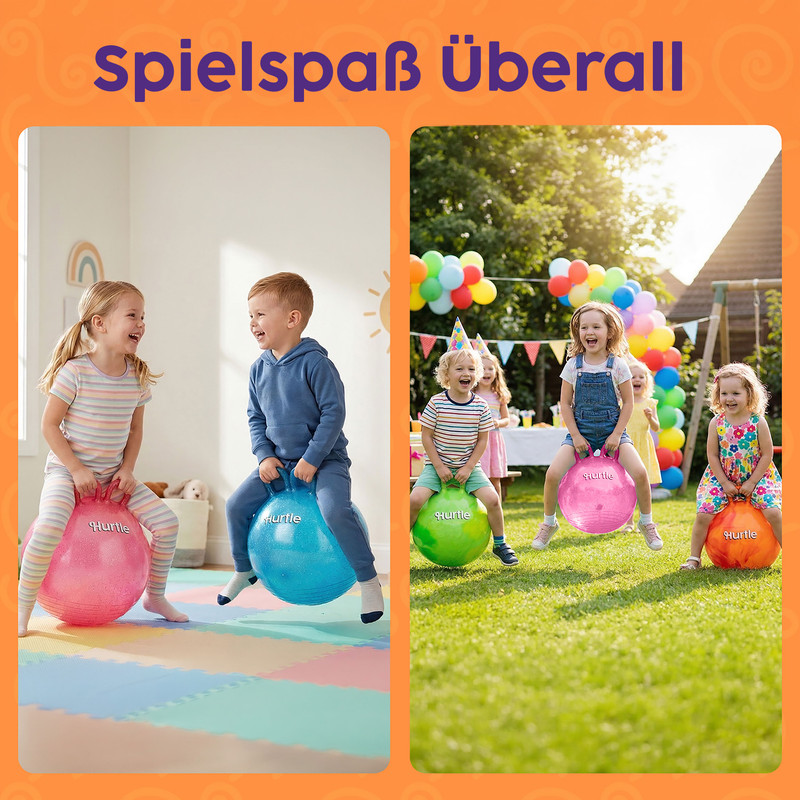 Kinder hüpfen auf bunten Bällen drinnen und draußen im Garten.