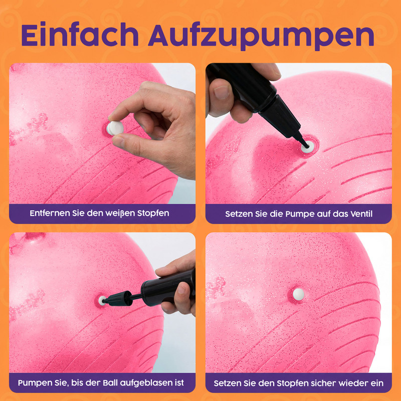 Vier Bilder zeigen, wie ein Ball aufgepumpt wird: Stopfen entfernen, Pumpe ansetzen, pumpen, Stopfen einsetzen.
