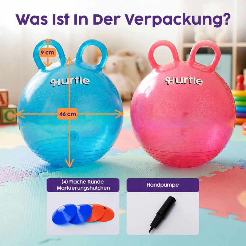 Zwei Hüpfbälle, blau und pink, mit Zubehör wie Markierungshütchen und Pumpe.