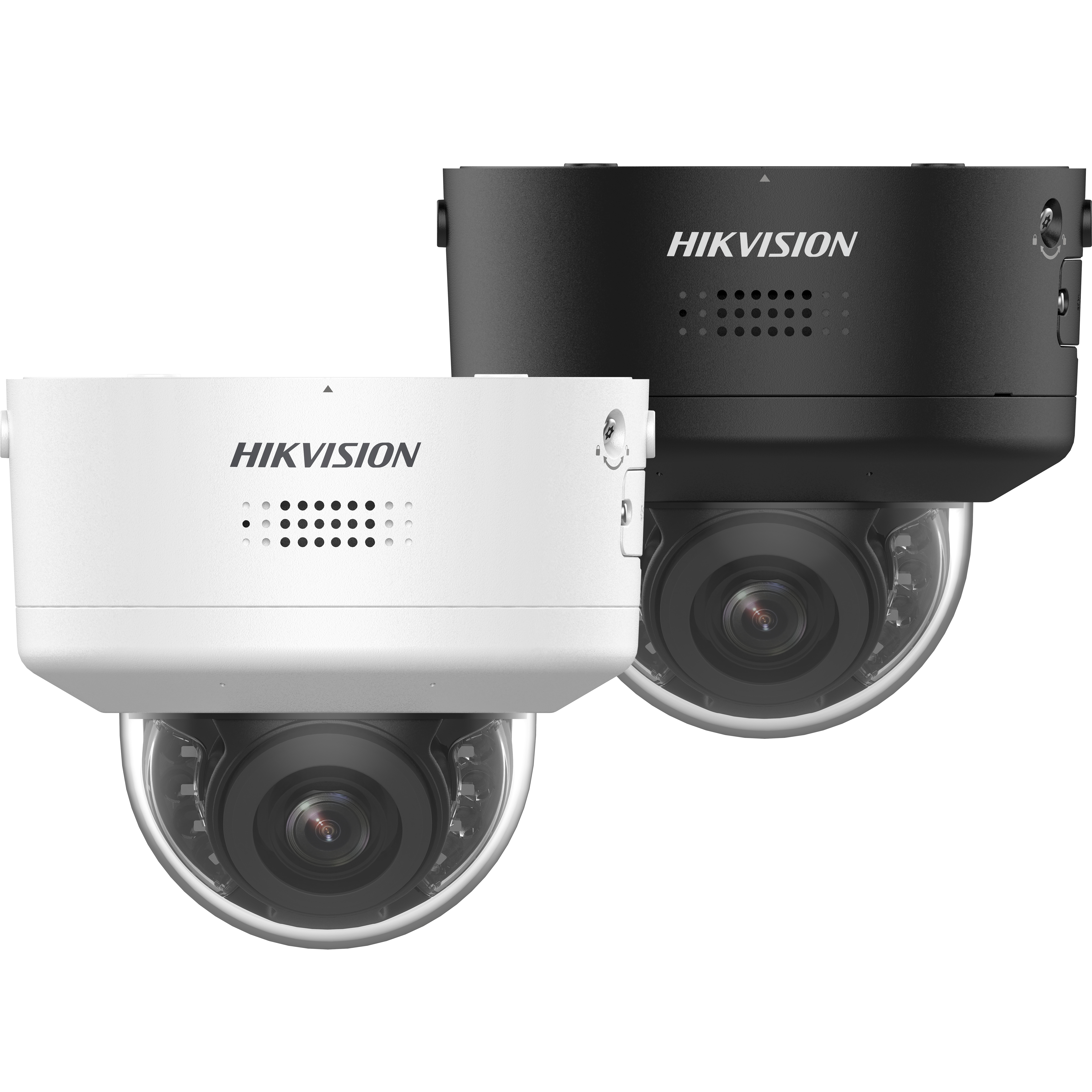 Due telecamere di sicurezza Hikvision, una bianca e una nera, una accanto all'altra.