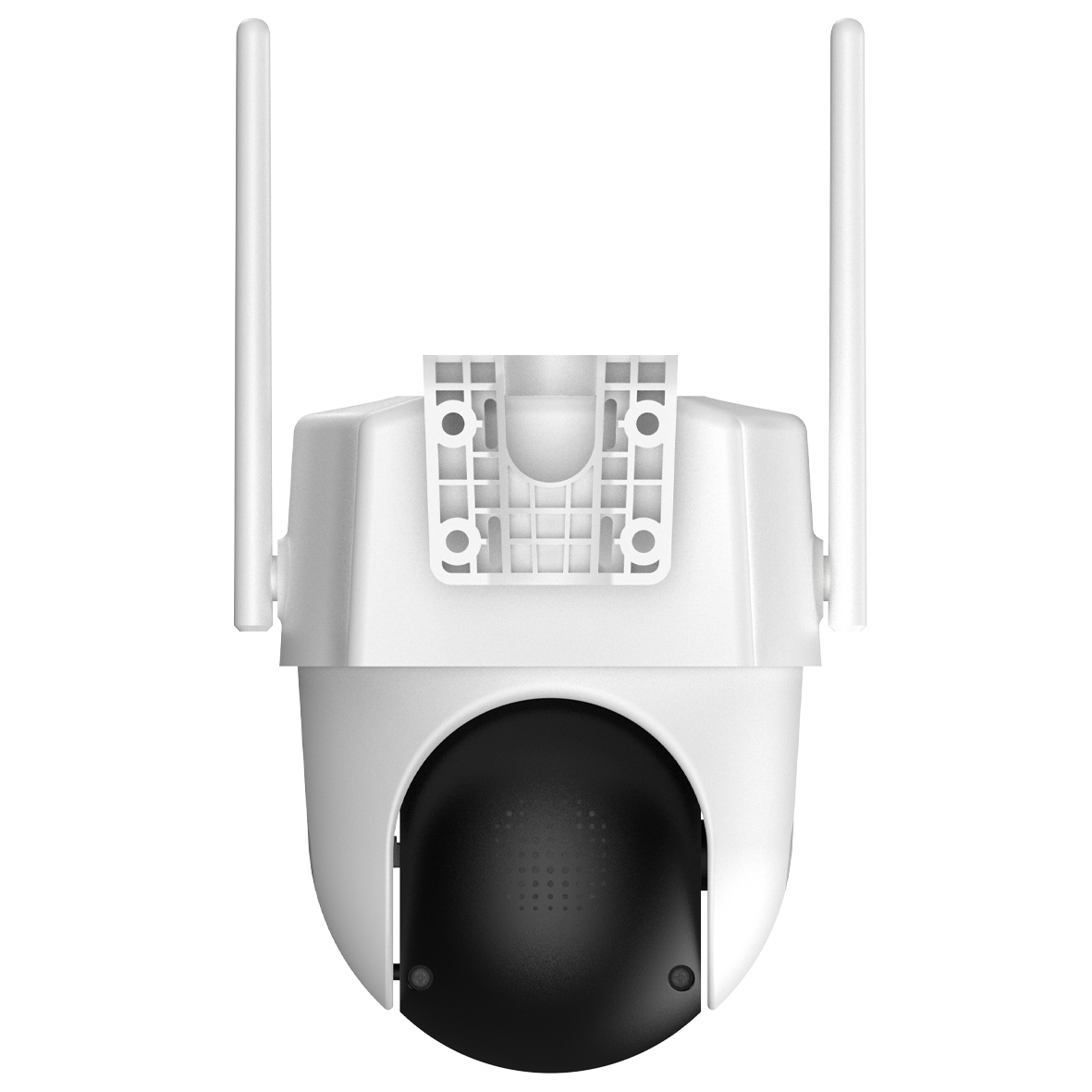 Telecamera di sicurezza bianca con lente nera e due antenne su sfondo bianco.