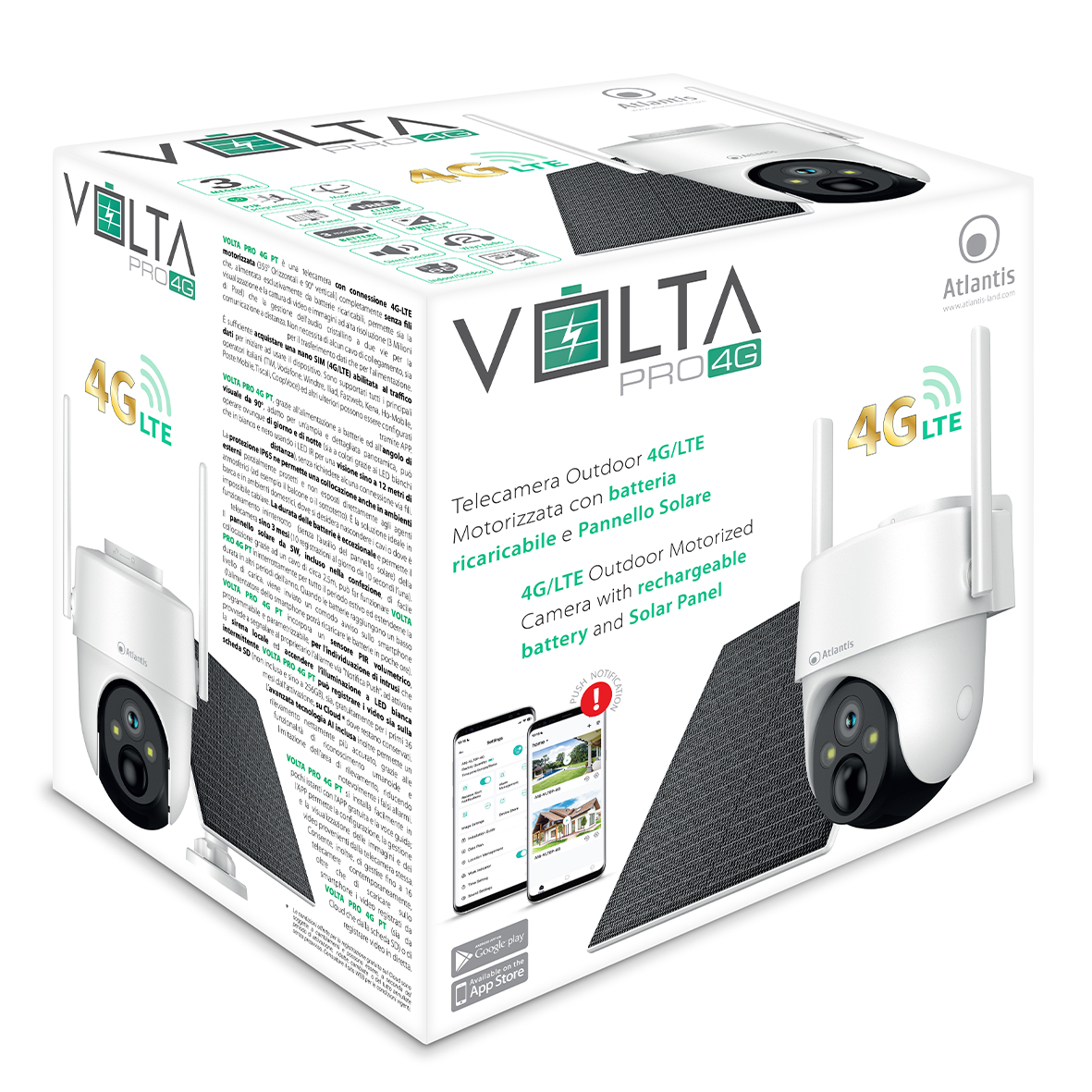 Confezione di telecamera outdoor 4G/LTE con pannello solare e batteria.