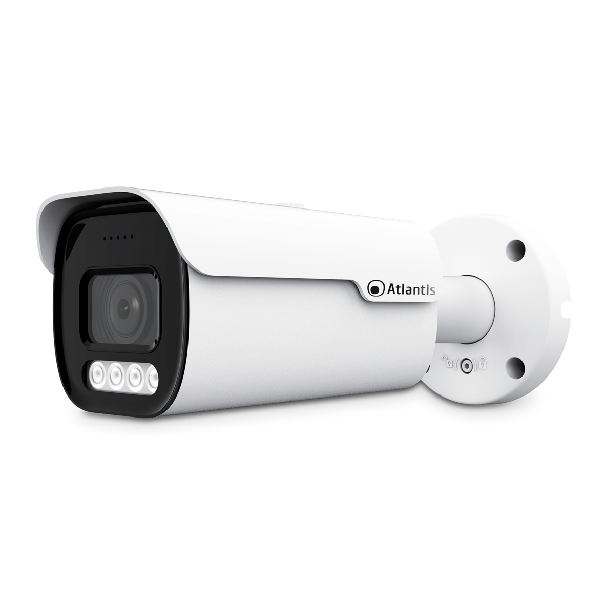 Telecamera di sicurezza bianca con obiettivo nero e quattro LED.